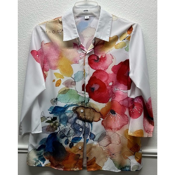 EUC, Women’s 3/4 Sleeve Sz M Button Down Multi-Color Blouse, V556 - Picture 4 of 12